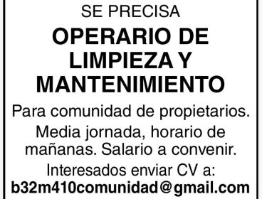 PRECISAMOS OPERARIO DE LIMPIEZA Y MANTENIMIENTO